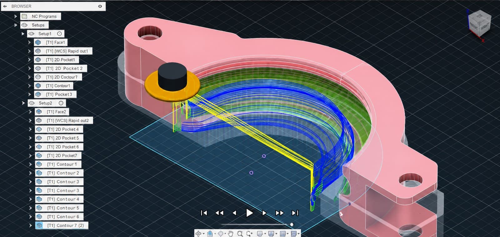 CAM toolpaths for a precision steel jaw, programmed and simulated at Fabrication Concepts